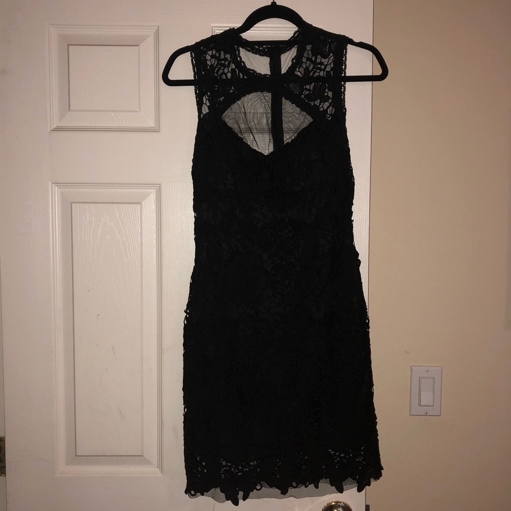 Short Black Lace Mesh-Top Dress
